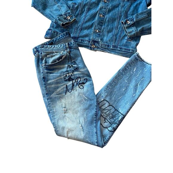 VTG AKOO Redline 2 Piece Denim Set Button Up Jean Jacket & Pants SZ M TOP 36X32 - Picture 11 of 16